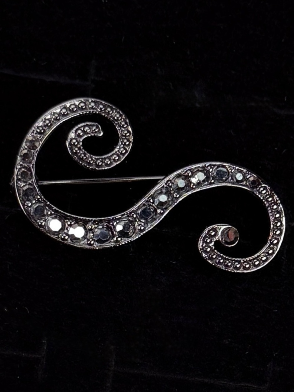 Vintage Gunmetal Black Rhinestone Swirl Brooch Statement Pin